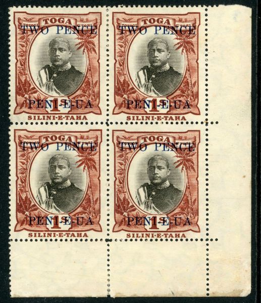 Tonga 1923-24 SG.67 M/M block of 4. Slight toning on reverse