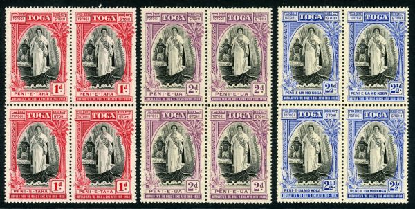 Tonga 1938 SG.71-73 U/M blocks of 4