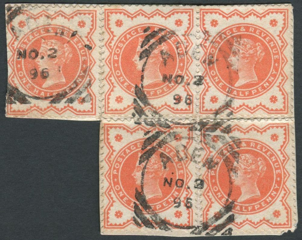 USED ABROAD ADEN 1896 (No 2) small piece bearing 1887-92 d Vermilion pair and 3 singles