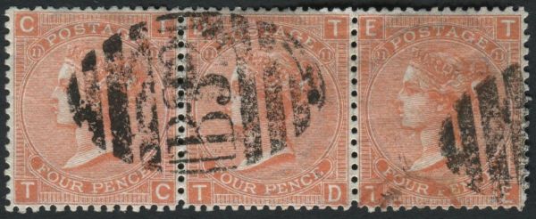 Used Abroad Buenos Aires Z9 1865-73 4d Vermilion, TC-TE strip of 3