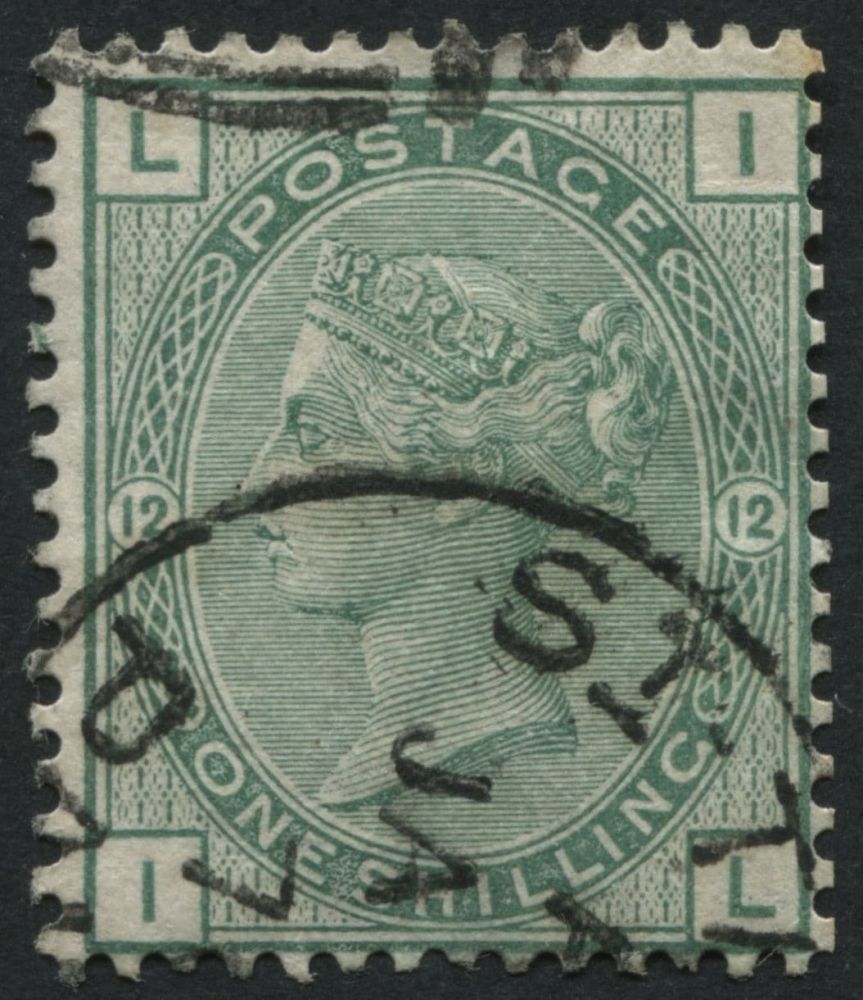 USED ABROAD DWIZ30pl12 USED ABROAD. 1873-80 1s Green plate 12 IL, VF/U with part St Thomas