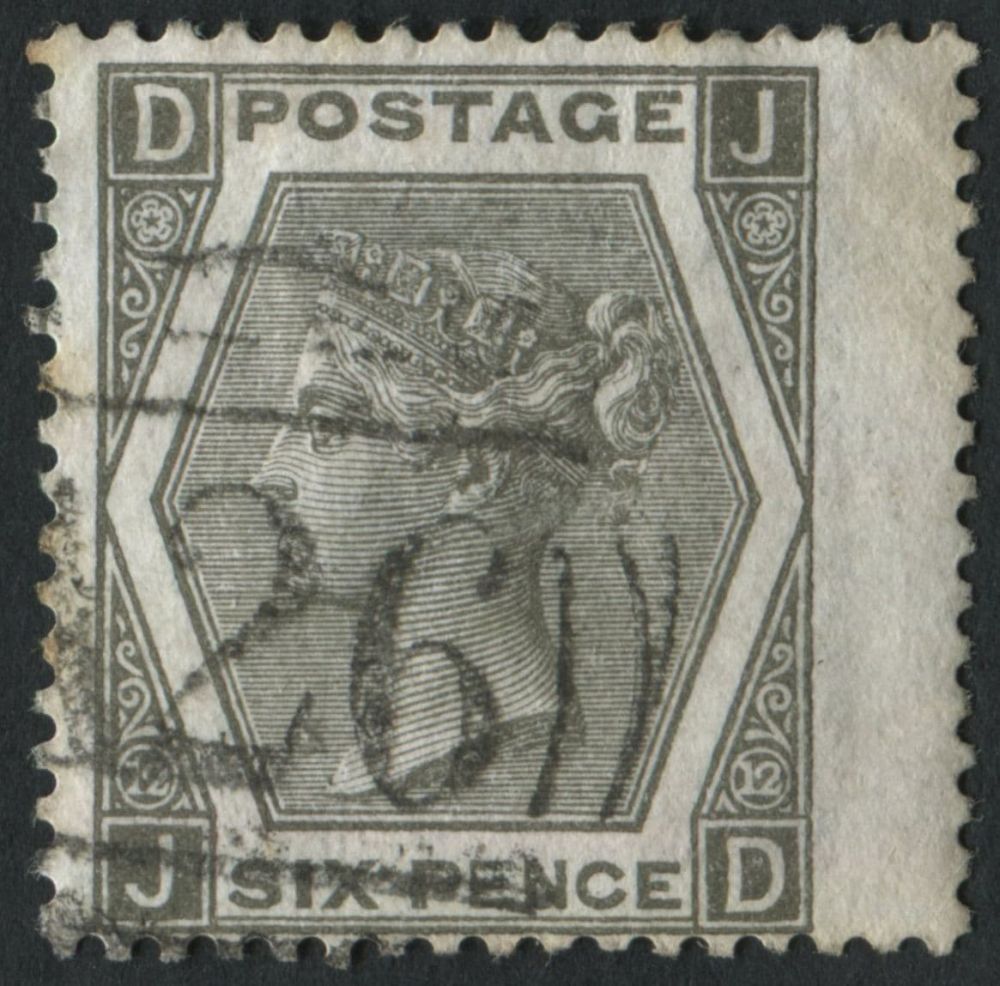 USED ABROAD GIB Z49 1873 6d Grey plate 12 JD, right wing marginal, cancelled A26 of Gibraltar