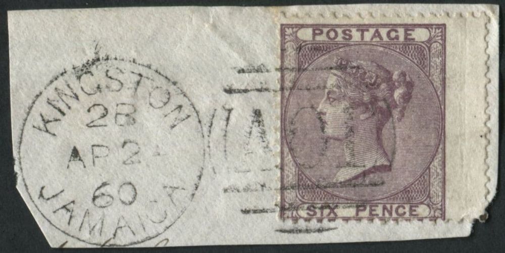 USED ABROAD JAMAICA Z10 USED ABROAD 1859-60 6d Lilac right wing marginal, tied to small piece