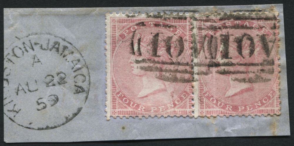 USED ABROAD JAMAICA Z14 USED ABROAD 1857 4d Rose-Carmine two stamps on piece, small faults