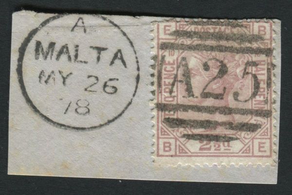 Used Abroad Malta Z38 1876-79 2d rosy-mauve plate 10, BE, tied to small piece