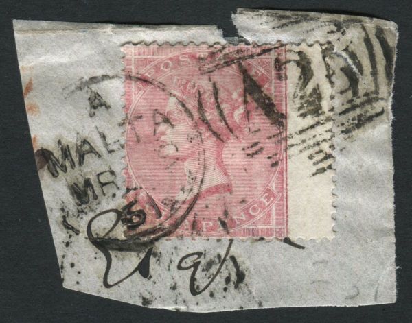 Used Abroad Malta Z47 1857 4d rose right wing marginal, tied to small piece by Malta 'A25' duplex