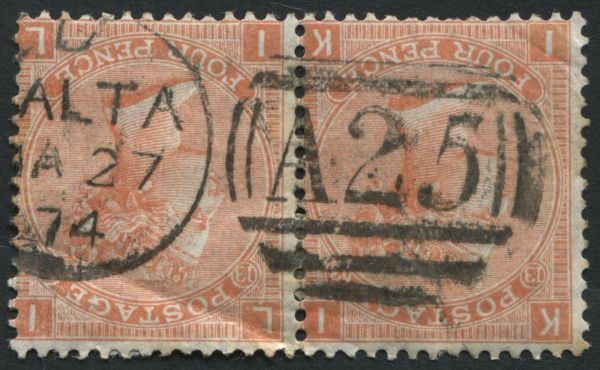 Used Abroad Malta Z49 1865-73 4d vermilion, IK-IL pair, cancelled with Malta 'A25' duplex