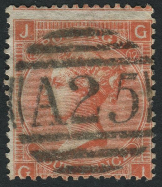 Used Abroad Malta Z49 1865-73 vermilion (deep), plate 12, GJ, wmk Inverted, cancelled 'A25' of Malta