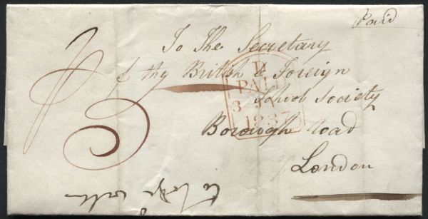 Wrapper London to British & Foreign School Society, 1837 Uxbridge