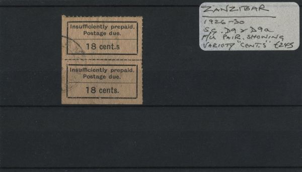 Zanzibar 1926-30 SG.D9 & D9a F/U Var. 'Cent.s'